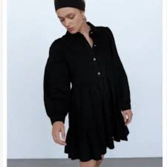 ✅ Zara Black Jewel Button Long Sleeve Denim Dress SIZE SMALL TIERED - Picture 1 of 8